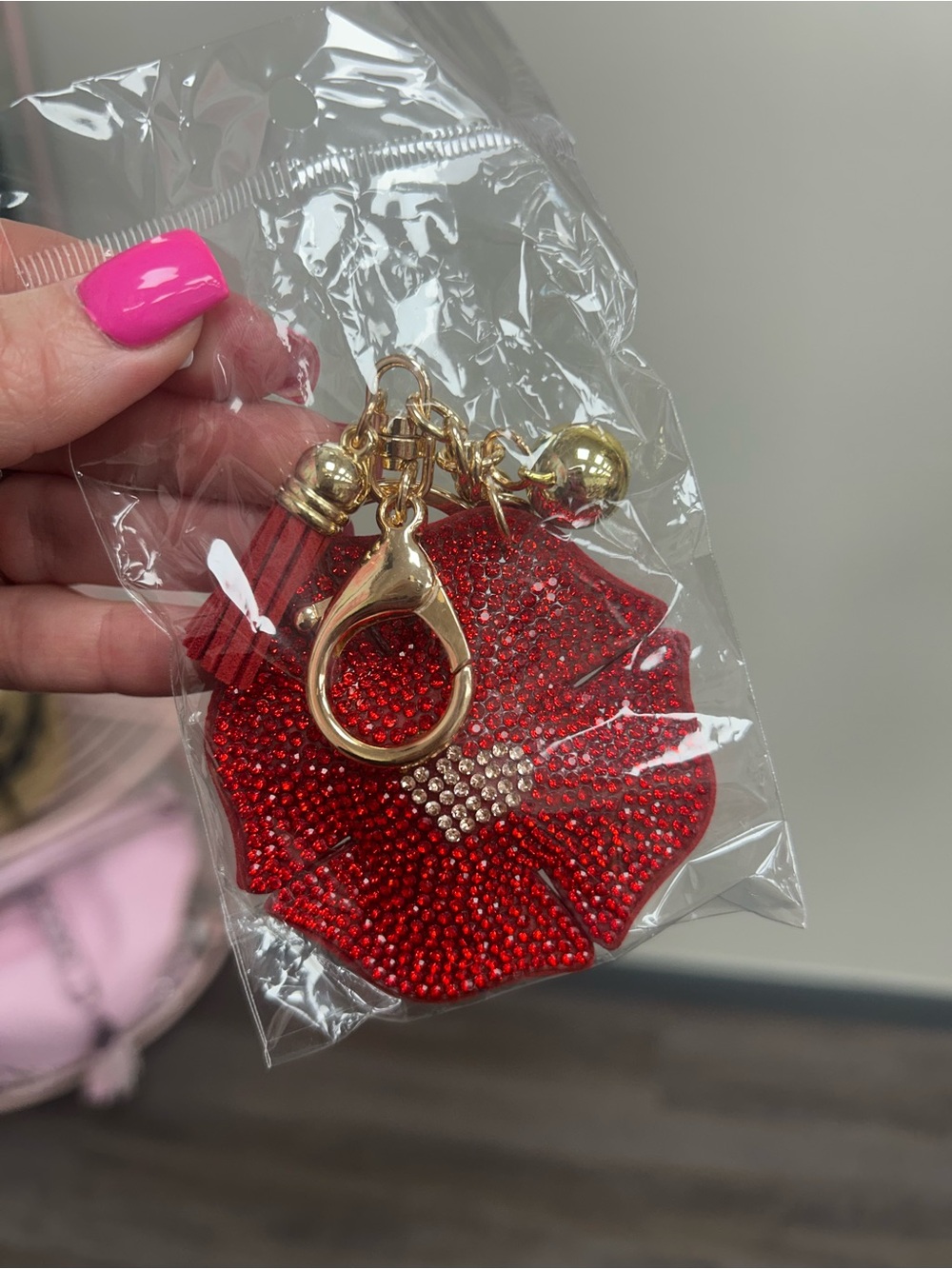 Red Firefighter sparkly Bag Charm Keychain with Gold Hardware